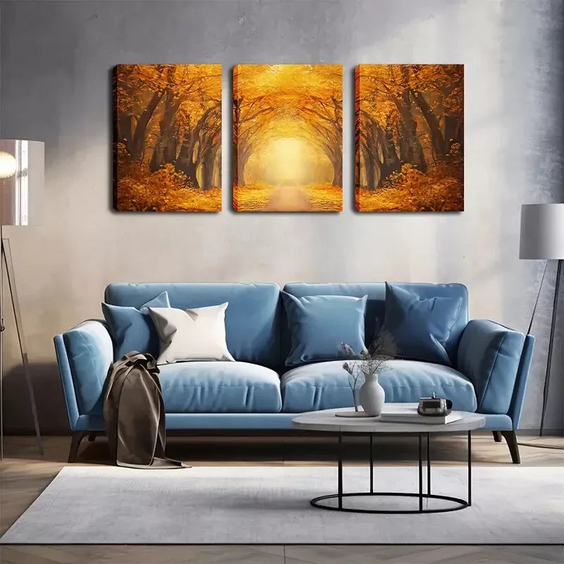 3pcs  Vibrant Yellow Forest Road Scene Wall Art Set Canvas Framed 40x60cm - High Quality Print 100% Australian Made Wall Canvas Ready to Hang