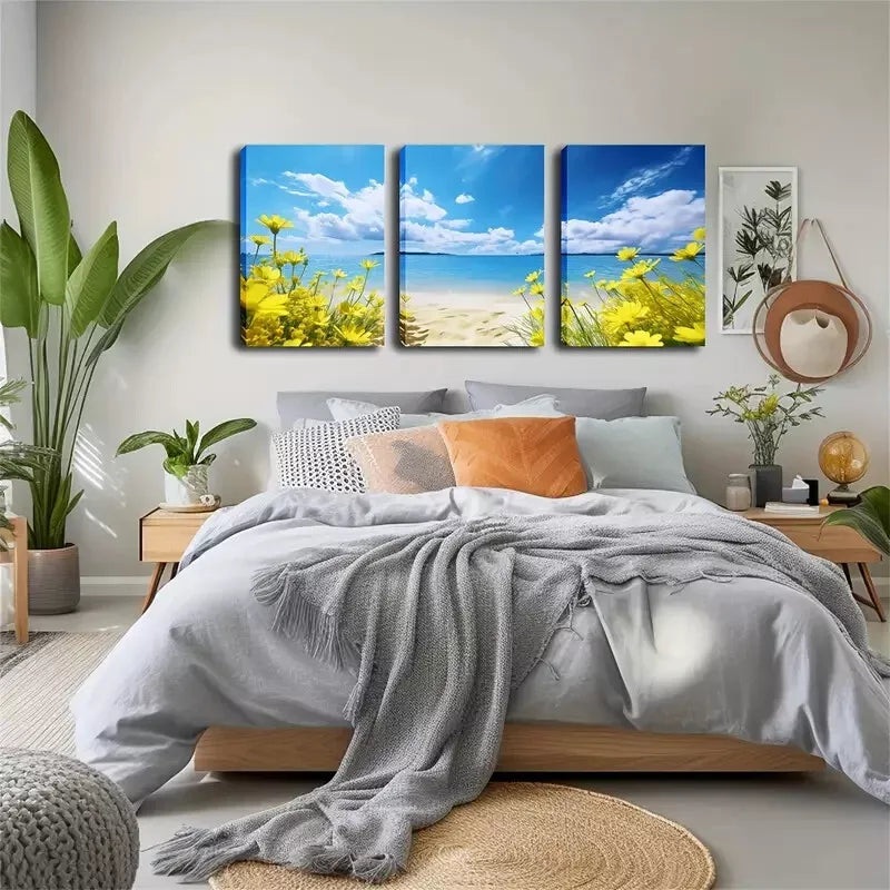 3pcs   Yellow Flowers On The Beach  Wall Art Set Canvas Framed 40x60cm - High Quality Print 100% Australian Made Wall Canvas Ready to Hang
