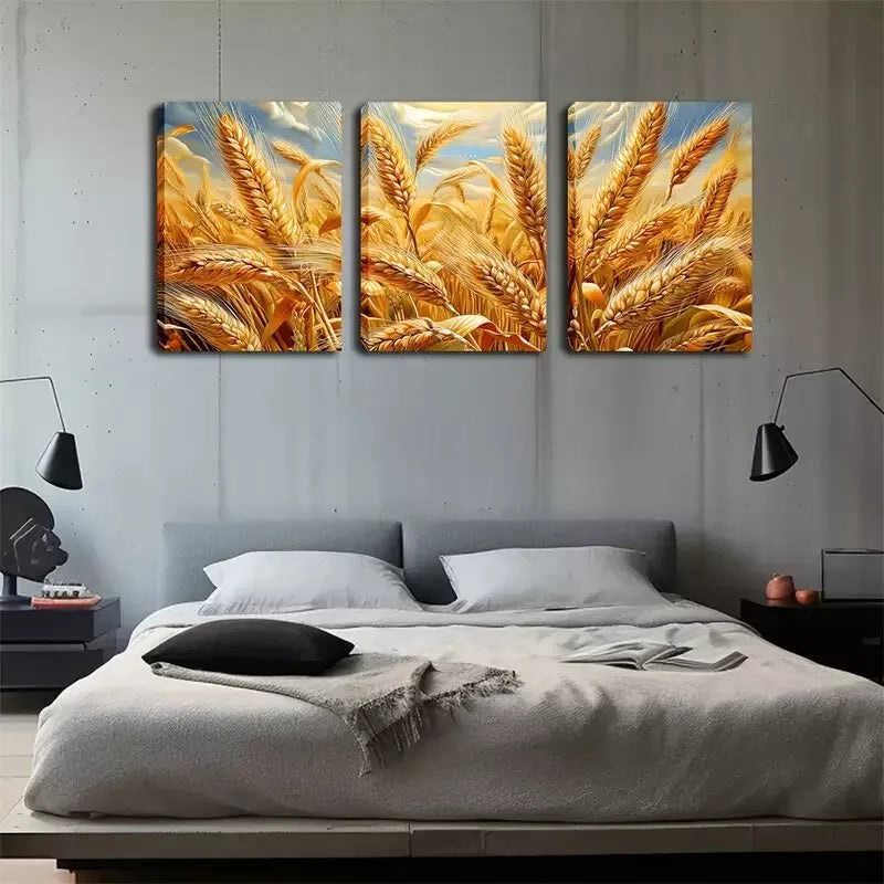 3pcs  Yellow Wheat Fields Wall Art Set Canvas Framed 40x60cm - High Quality Print 100% Australian Made Wall Canvas Ready to Hang
