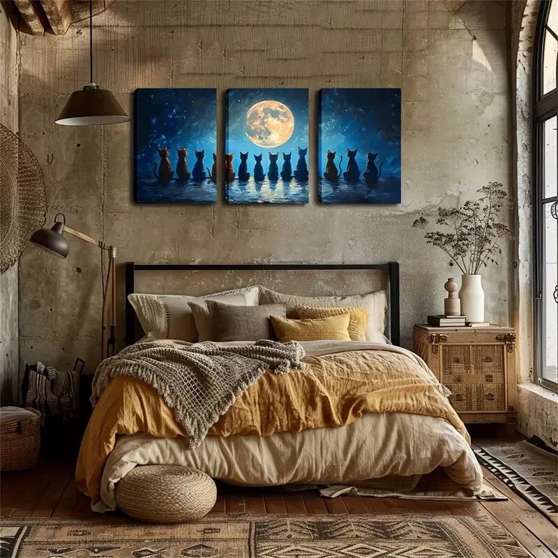 3pcs A Row Of Cats Looking Up At The Moon   Wall Art Set Canvas Framed 40x60cm - High Quality Print 100% Australian Made Wall Canvas Ready to Hang