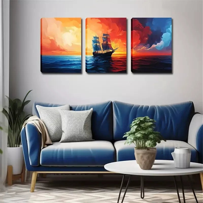 3pcs A Sailboat Sailing On The Sea,  Wall Art Set Canvas Framed 40x60cm - High Quality Print 100% Australian Made Wall Canvas Ready to Hang