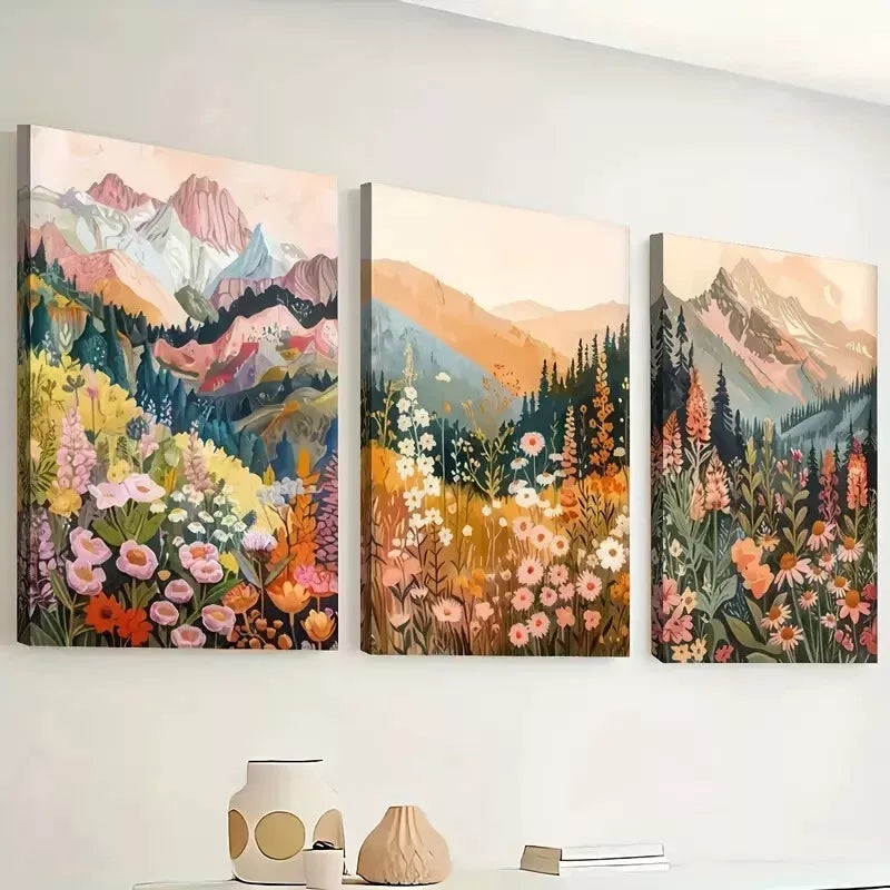 3pcs Abstract Art of Mountain And Flower Paint  Wall Art Set Canvas Framed 40x60cm - High Quality Print 100% Australian Made Wall Canvas Ready to Hang