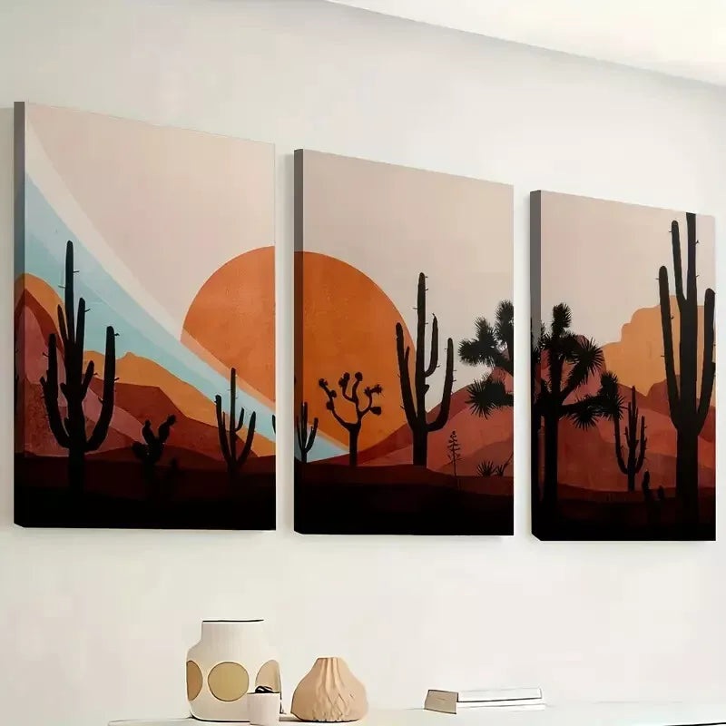 3pcs abstract landscape art, cartoon cactus  Wall Art Set Canvas Framed 40x60cm - High Quality Print 100% Australian Made Wall Canvas Ready to Hang