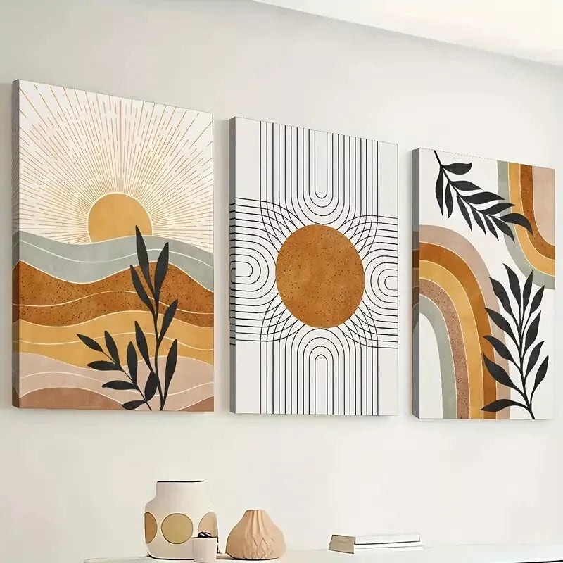 3pcs abstract line leaf sun print, bohemian Wall Art Set Canvas Framed 40x60cm - High Quality Print 100% Australian Made Wall Canvas Ready to Hang