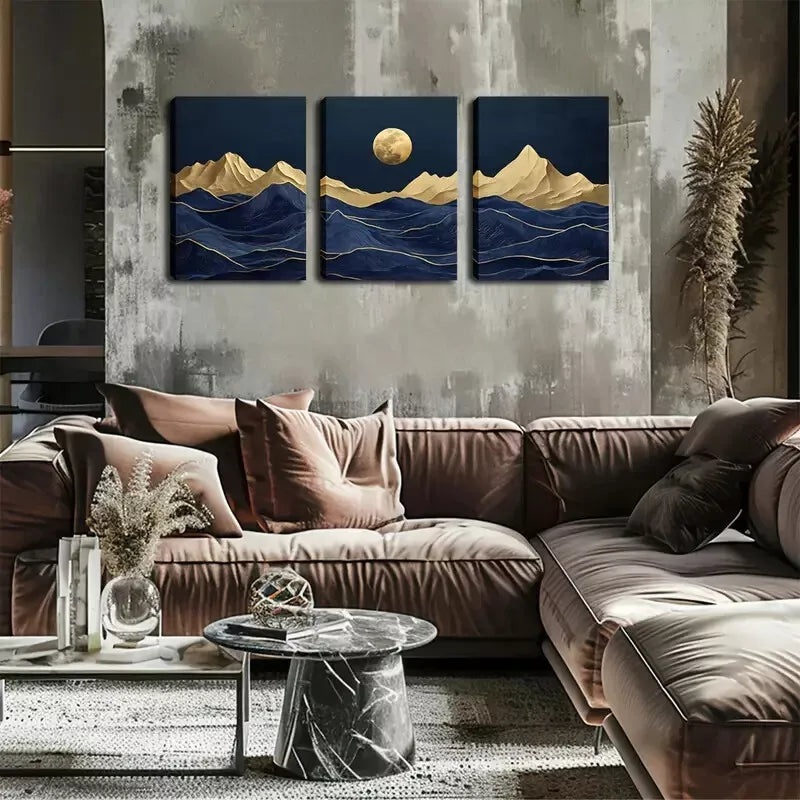 3pcs Abstract Mountain And Moon Wall Art Set Canvas Framed 40x60cm - High Quality Print 100% Australian Made Wall Canvas Ready to Hang