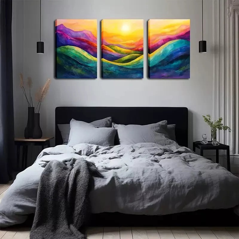 3pcs Abstract Mountain And Sunrise Wall Art Set Canvas Framed 40x60cm - High Quality Print 100% Australian Made Wall Canvas Ready to Hang
