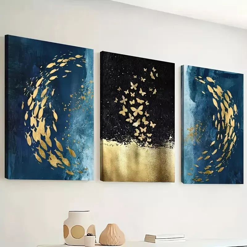 3pcs  Abstract Style Fish and Butterfly Swarms  Wall Art Set Canvas Framed 40x60cm - High Quality Print 100% Australian Made Wall Canvas Ready to Hang