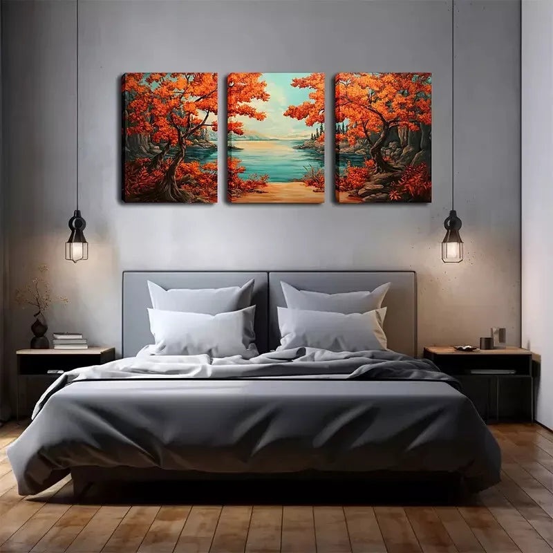 3pcs  Autumn Trees and Lake Landscape  Wall Art Set Canvas Framed 40x60cm - High Quality Print 100% Australian Made Wall Canvas Ready to Hang