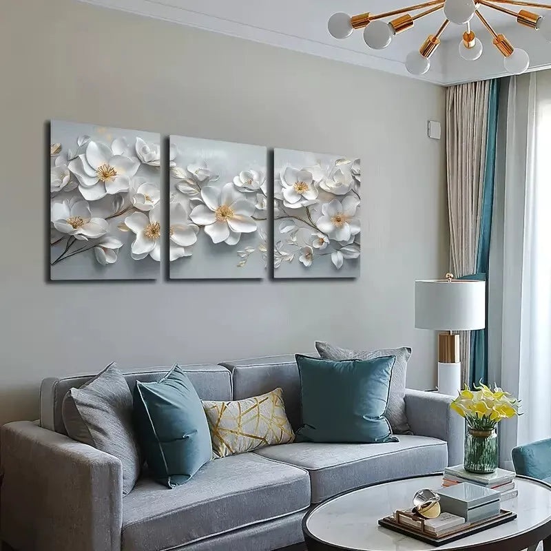 3pcs  Beautiful Blooming White Flowers Wall Art Set Canvas Framed 40x60cm - High Quality Print 100% Australian Made Wall Canvas Ready to Hang