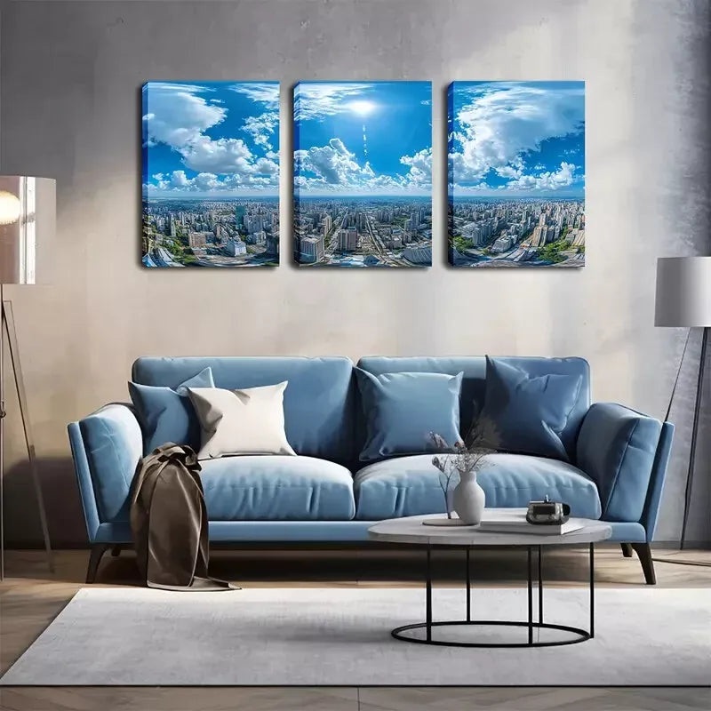 3pcs Blue Sky Above The City Wall Art Set Canvas Framed 40x60cm - High Quality Print 100% Australian Made Wall Canvas Ready to Hang