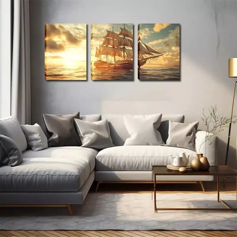 3pcs Decoration, Ancient Galleon  Wall Art Set Canvas Framed 40x60cm - High Quality Print 100% Australian Made Wall Canvas Ready to Hang