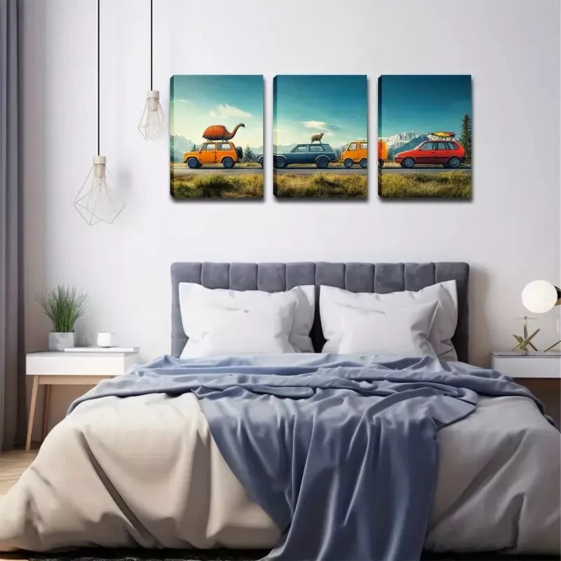 3pcs Decoration, Cute Cars And Animals Wall Art Set Canvas Framed 40x60cm - High Quality Print 100% Australian Made Wall Canvas Ready to Hang