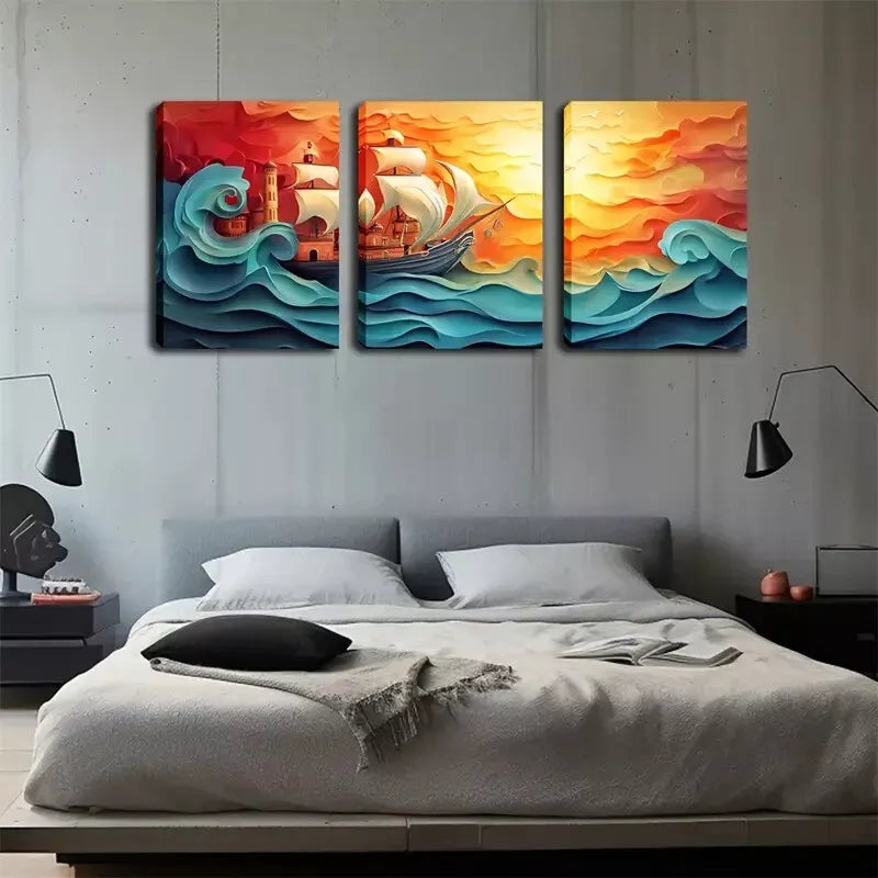 3pcs Decorations, Waves And Sailboats    Wall Art Set Canvas Framed 40x60cm - High Quality Print 100% Australian Made Wall Canvas Ready to Hang
