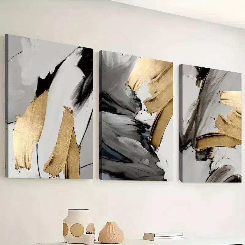 3pcs Featuring Golden Abstract Light Luxury Wall Art Set Canvas Framed 40x60cm - High Quality Print 100% Australian Made Wall Canvas Ready to Hang