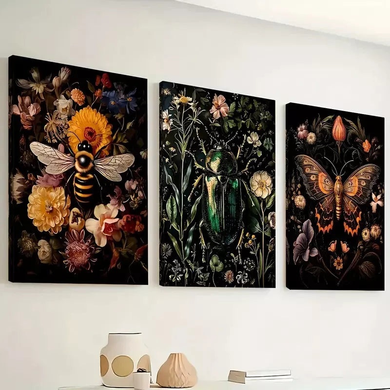 3pcs Featuring Insect Overhead Floral Colorful  Wall Art Set Canvas Framed 40x60cm - High Quality Print 100% Australian Made Wall Canvas Ready to Hang