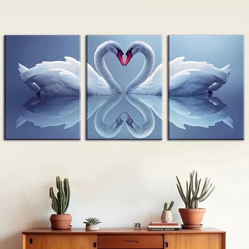 3pcs Featuring Minimalist Heart Design of Swans Wall Art Set Canvas Framed 40x60cm - High Quality Print 100% Australian Made Wall Canvas Ready to Hang