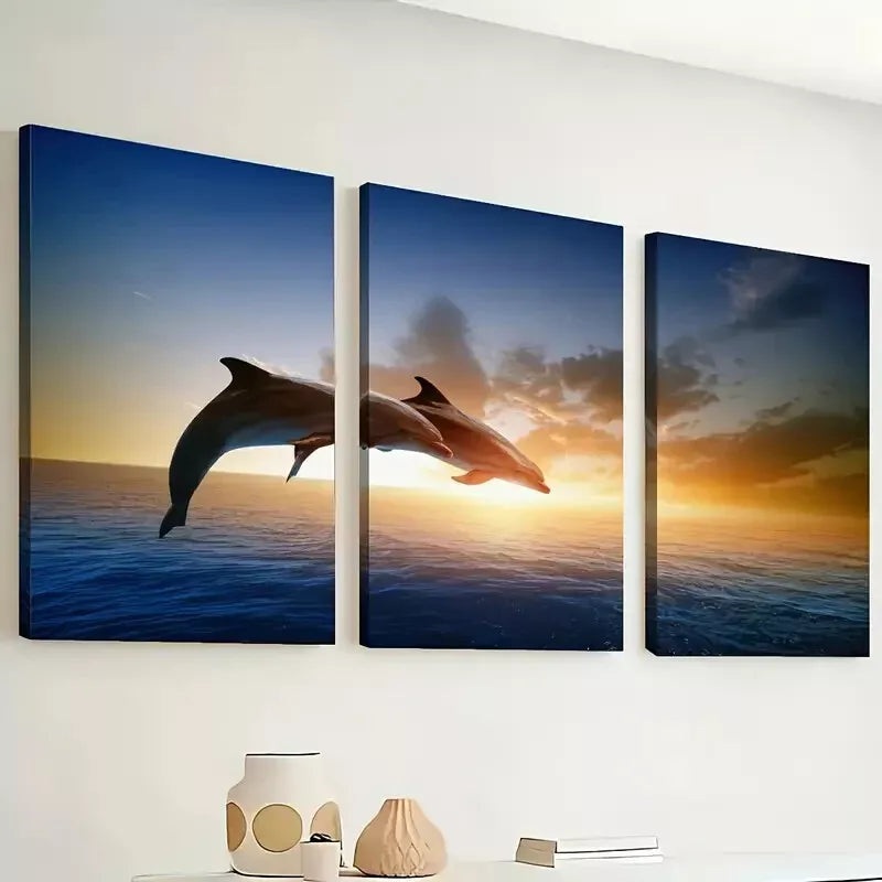 3pcs Featuring Ocean Scenery, Jumping Dolphins   Wall Art Set Canvas Framed 40x60cm - High Quality Print 100% Australian Made Wall Canvas Ready to Hang
