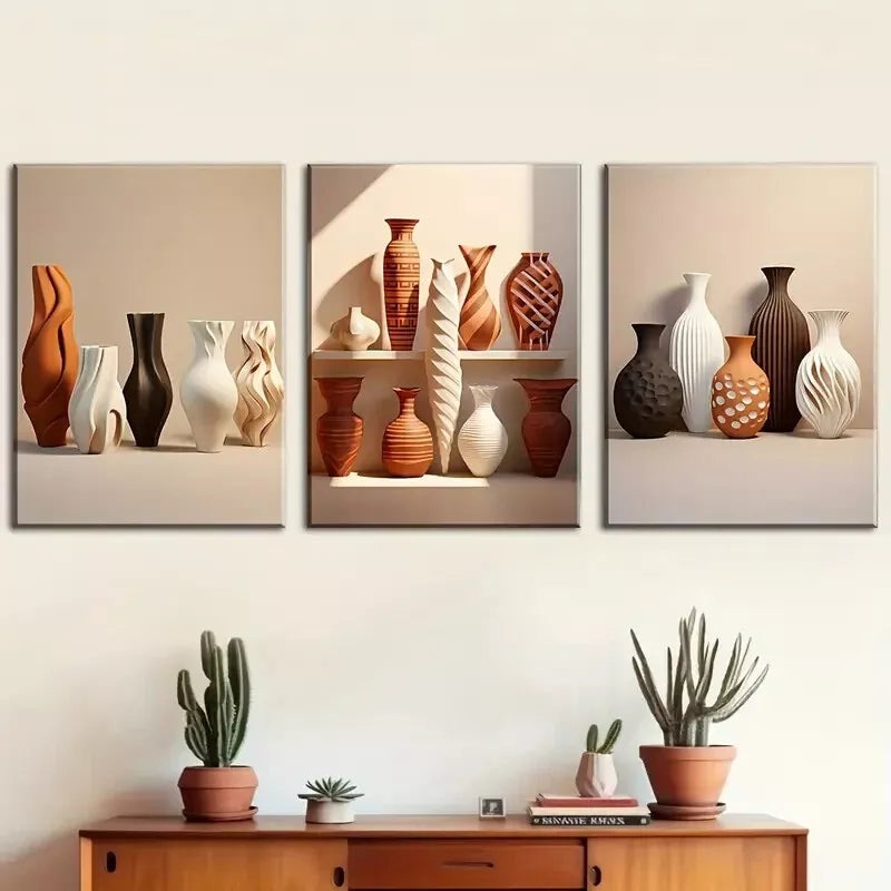 3pcs Featuring Solid Patterned Ceramic Bottle  Wall Art Set Canvas Framed 40x60cm - High Quality Print 100% Australian Made Wall Canvas Ready to Hang