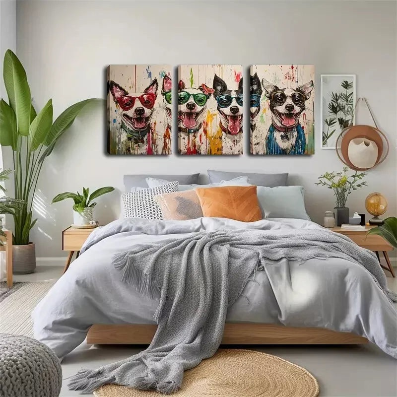 3pcs  Four Dogs Wearing Glasses Wall Art Set Canvas Framed 40x60cm - High Quality Print 100% Australian Made Wall Canvas Ready to Hang