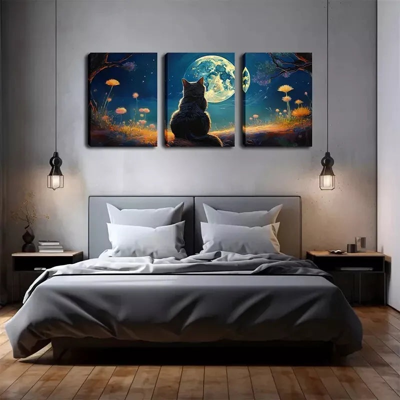 3pcs  Lucky Cat Gazing at the Moon, Wall Art Set Canvas Framed 40x60cm - High Quality Print 100% Australian Made Wall Canvas Ready to Hang