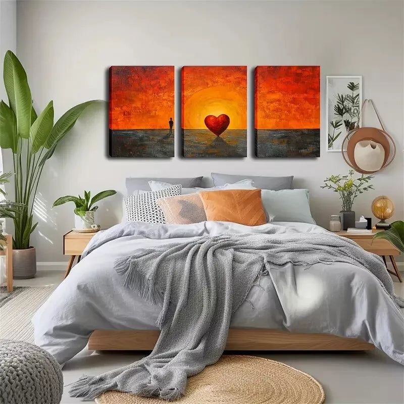 3pcs  Man and Red Heart Silhouette, Coastal Lands Wall Art Set Canvas Framed 40x60cm - High Quality Print 100% Australian Made Wall Canvas Ready to Hang