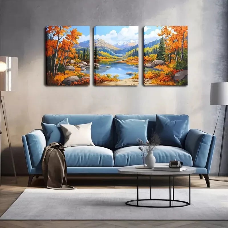 3pcs   Mountains And Lakes In Autumn Wall Art Set Canvas Framed 40x60cm - High Quality Print 100% Australian Made Wall Canvas Ready to Hang