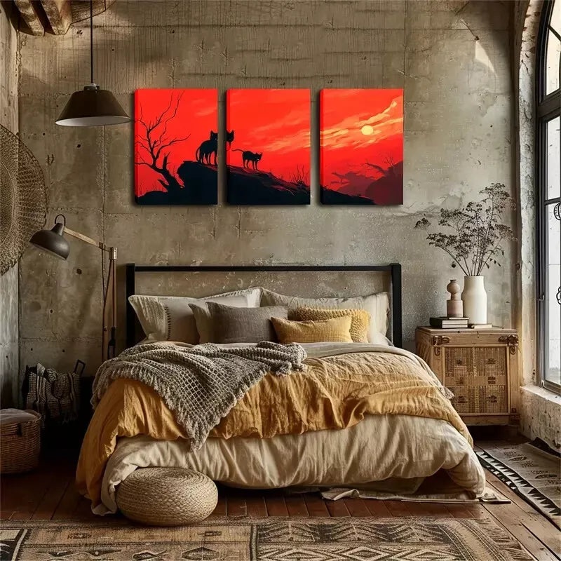 3pcs  Red Sky And Black Cat Wall Art Set Canvas Framed 40x60cm - High Quality Print 100% Australian Made Wall Canvas Ready to Hang
