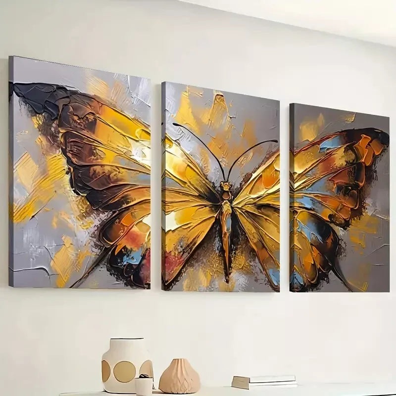 3pcs  Retro Golden butterfly abstract painting Wall Art Set Canvas Framed 40x60cm - High Quality Print 100% Australian Made Wall Canvas Ready to Hang