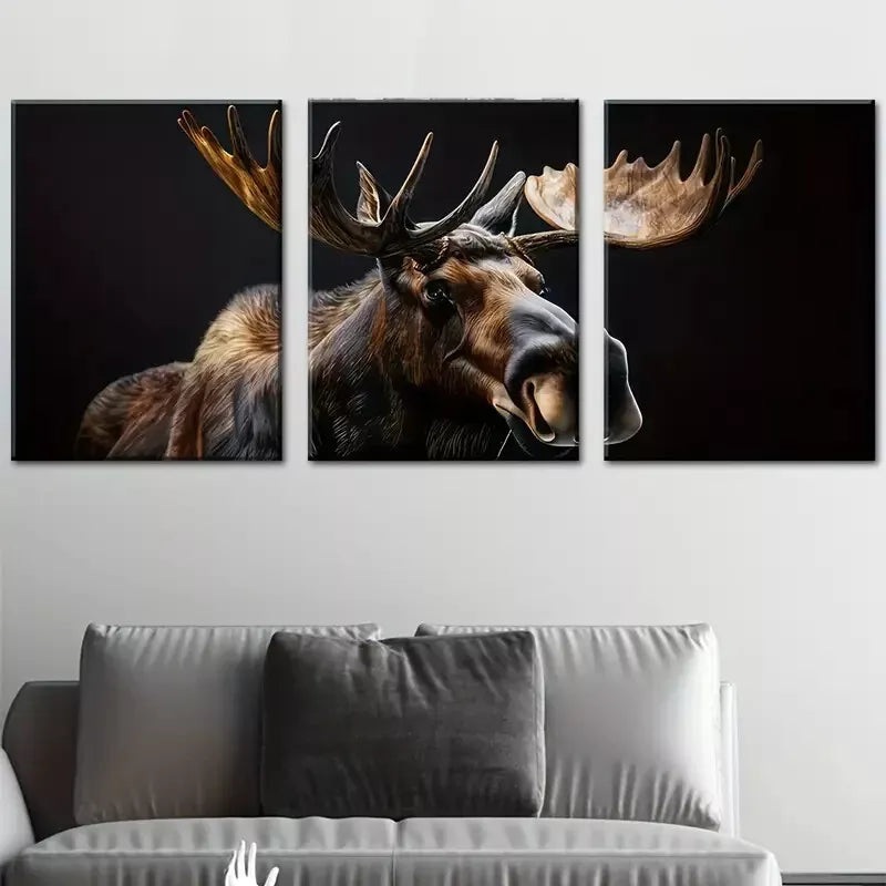 3pcs   Retro Simple Elk Animal in Dark Black Wall Art Set Canvas Framed 40x60cm - High Quality Print 100% Australian Made Wall Canvas Ready to Hang
