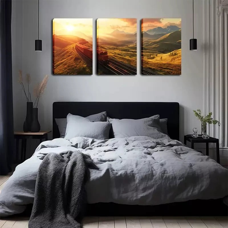 3pcs  Scenic Mountain Train Warm Sunset Landscape  Wall Art Set Canvas Framed 40x60cm - High Quality Print 100% Australian Made Wall Canvas Ready to Hang
