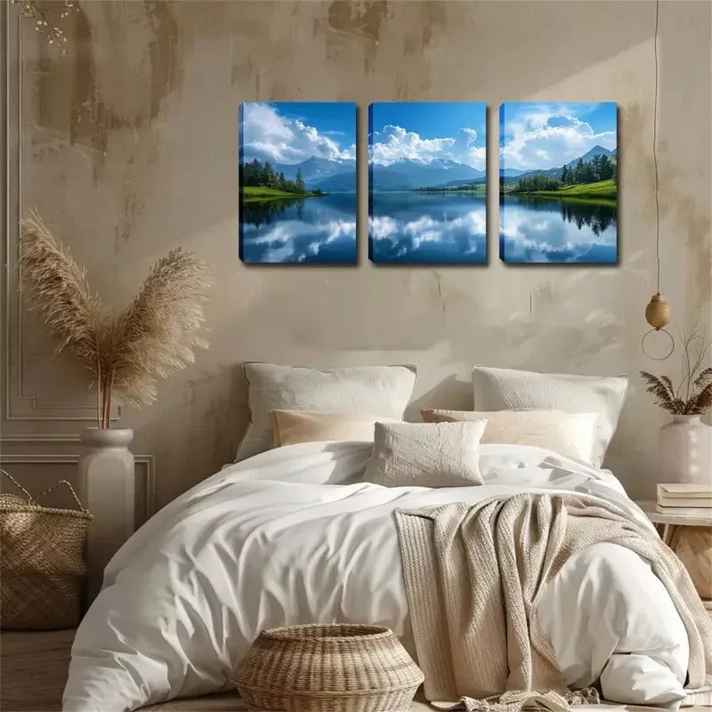 3pcs   Sky, White Clouds, Lake Wall Art Set Canvas Framed 40x60cm - High Quality Print 100% Australian Made Wall Canvas Ready to Hang
