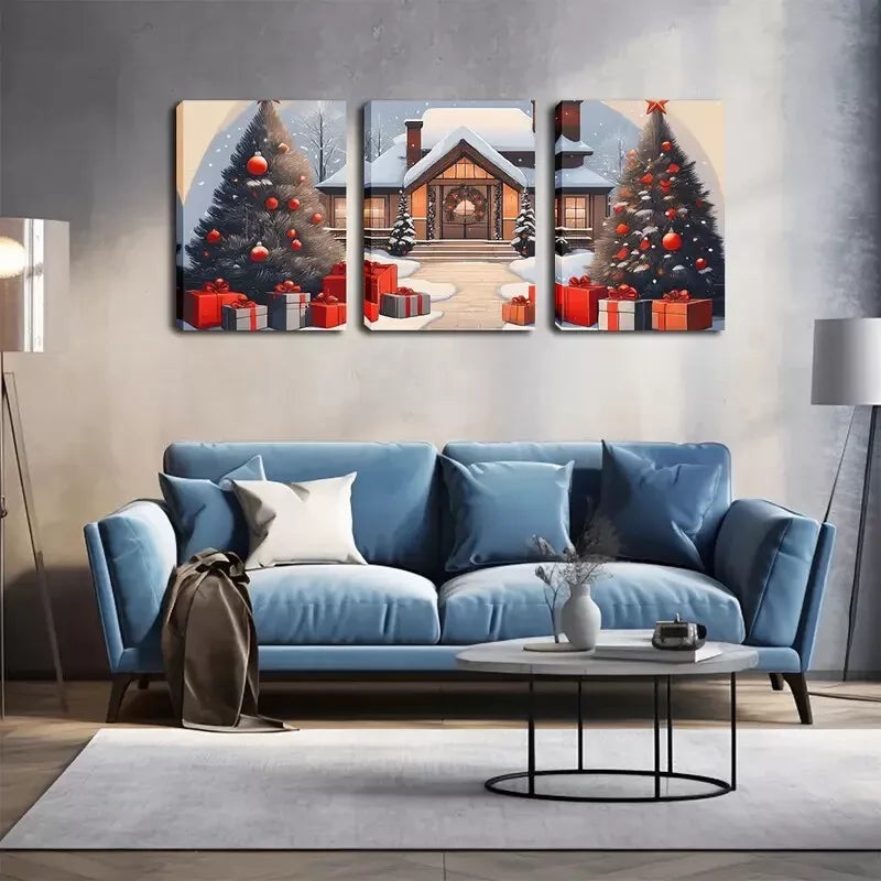3pcs   Snowy Day, Christmas, Christmas Tree  Wall Art Set Canvas Framed 40x60cm - High Quality Print 100% Australian Made Wall Canvas Ready to Hang