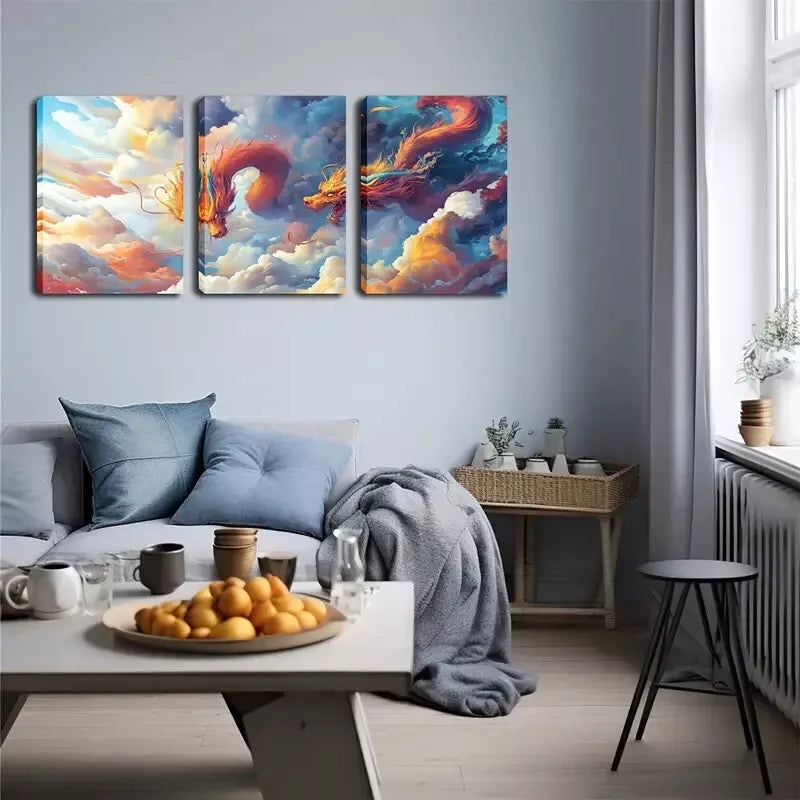3pcs  Two Majestic Dragons Wall Art Set Canvas Framed 40x60cm - High Quality Print 100% Australian Made Wall Canvas Ready to Hang