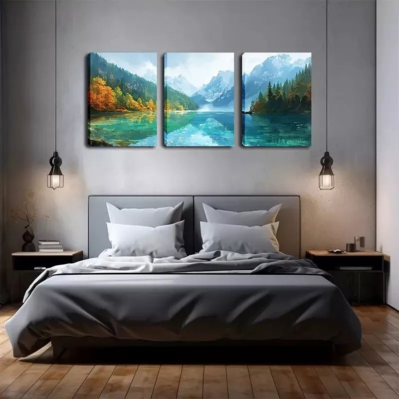 3pcs   Vibrant Green Lake and Mountain Landscape Wall Art Set Canvas Framed 40x60cm - High Quality Print 100% Australian Made Wall Canvas Ready to Hang