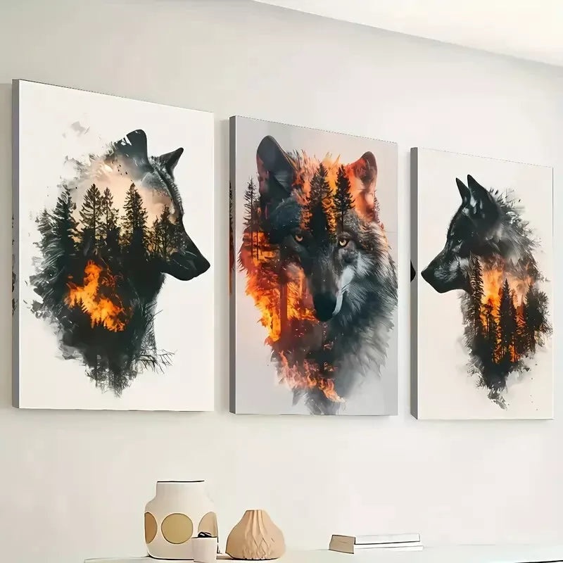 3pcs    Wolf Animal Abstract-forest Painting Wall Art Set Canvas Framed 40x60cm - High Quality Print 100% Australian Made Wall Canvas Ready to Hang