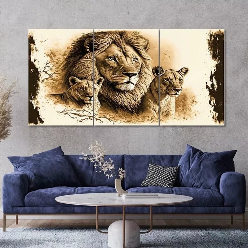 3 Piece Lion And Lioness Painting Style Canvas Framed 40x60cm - High Quality Print 100% Australian Made Wall Canvas Ready to Hang