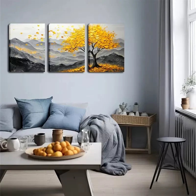 3pcs A Yellow Big Tree on a Mountain Wall Art Set Canvas Framed 40x60cm - High Quality Print 100% Australian Made Wall Canvas Ready to Hang