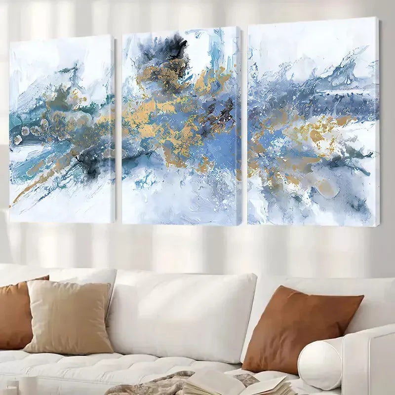 3pcs Abstract Blue and Golden Wall Art Set Canvas Framed 40x60cm - High Quality Print 100% Australian Made Wall Canvas Ready to Hang