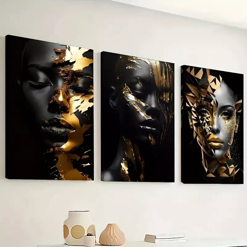 3pcs Abstract Golden Decoration of African Women Wall Art Set Canvas Framed 40x60cm - High Quality Print 100% Australian Made Wall Canvas Ready to Hang