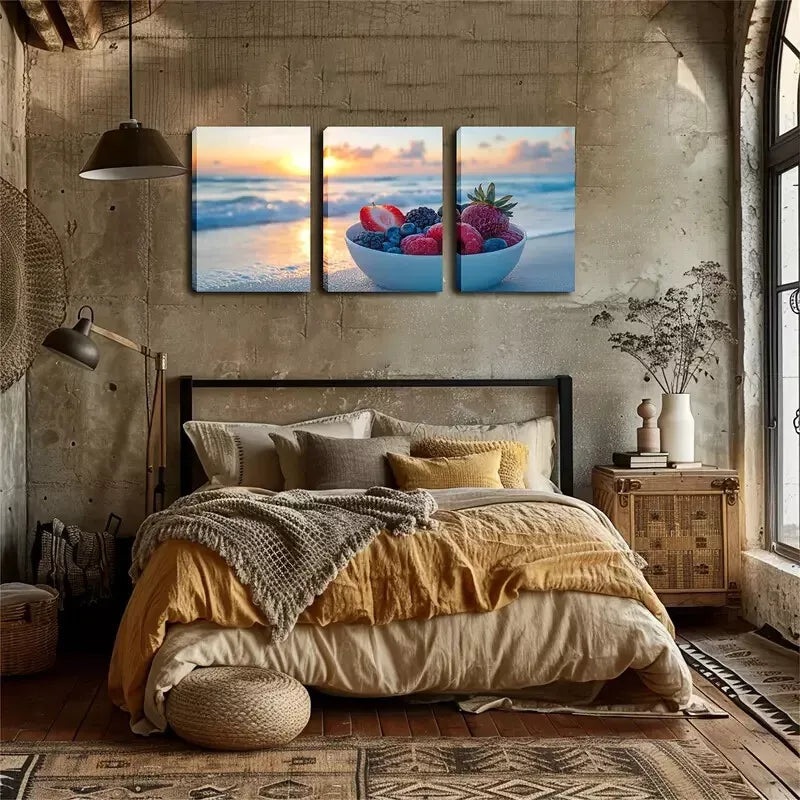 3pcs Beach, Bowl of Fruit, Oil Painting, Wall Art Set Canvas Framed 40x60cm - High Quality Print 100% Australian Made Wall Canvas Ready to Hang