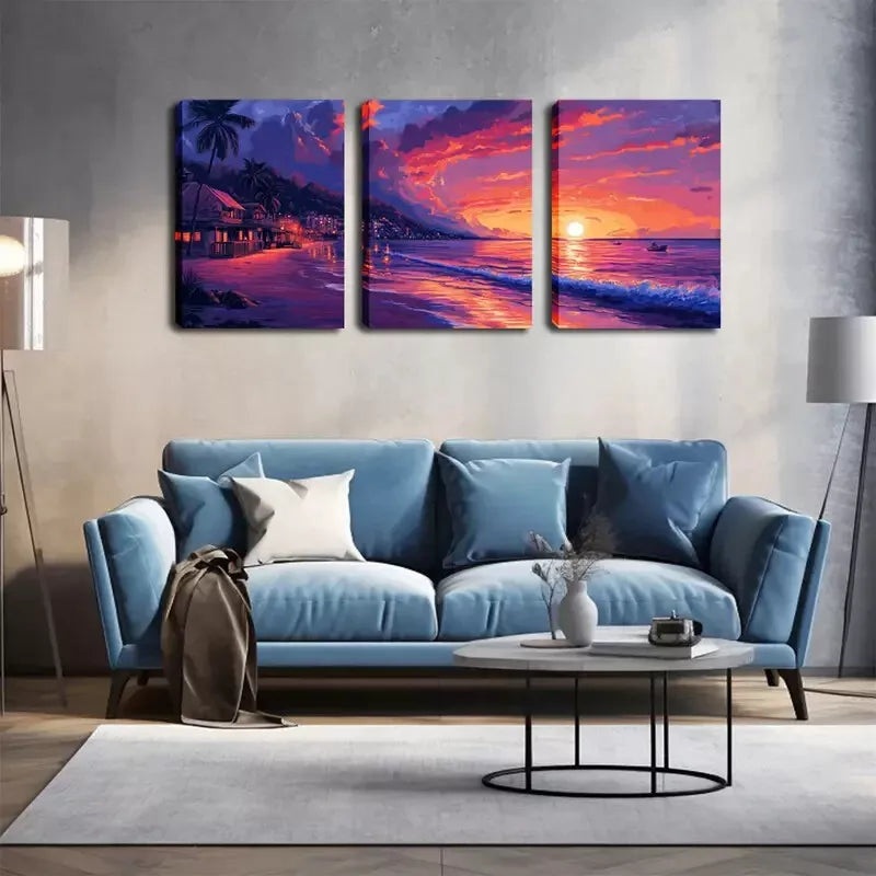 3pcs Beach Scene with Palm Trees & Sunset Wall Art Set Canvas Framed 40x60cm - High Quality Print 100% Australian Made Wall Canvas Ready to Hang
