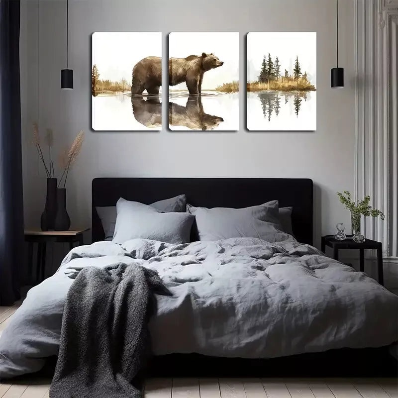 3pcs Bear Standing on The Lake Wall Art Set Canvas Framed 40x60cm - High Quality Print 100% Australian Made Wall Canvas Ready to Hang