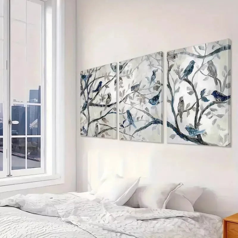 3pcs Birds & Branches Triptych Wall Art Set Canvas Framed 40x60cm - High Quality Print 100% Australian Made Wall Canvas Ready to Hang
