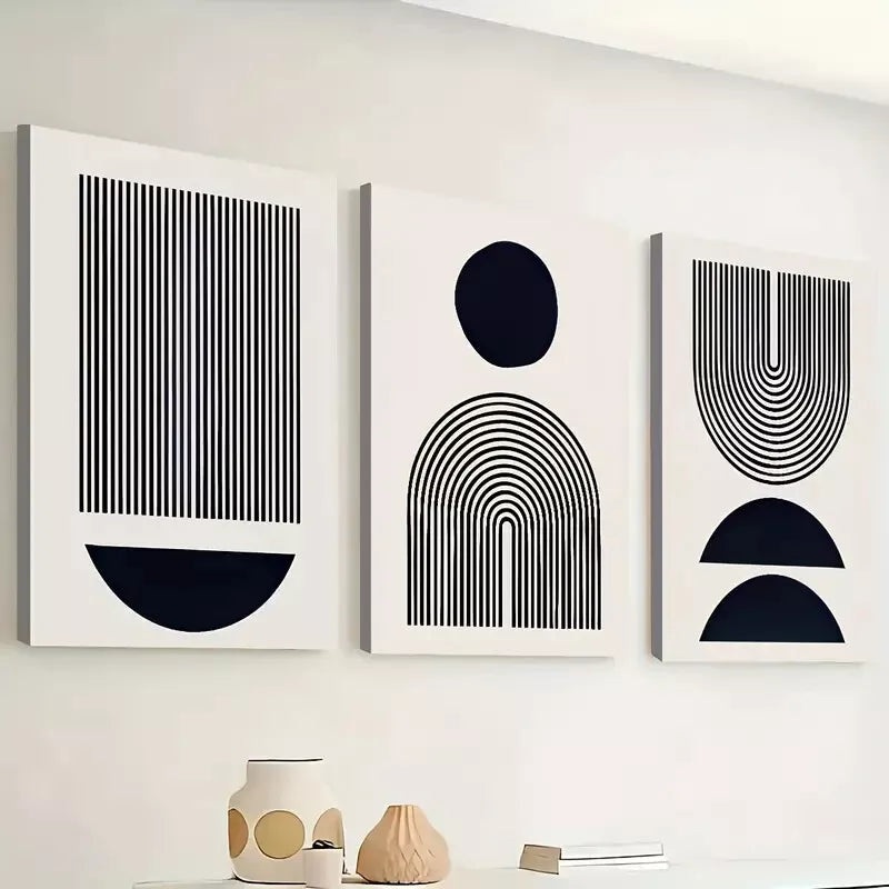 3pcs Black and white graphics and stripes  Wall Art Set Canvas Framed 40x60cm - High Quality Print 100% Australian Made Wall Canvas Ready to Hang