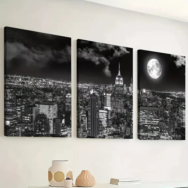 3pcs  Black And White Night City Architecture Wall Art Set Canvas Framed 40x60cm - High Quality Print 100% Australian Made Wall Canvas Ready to Hang