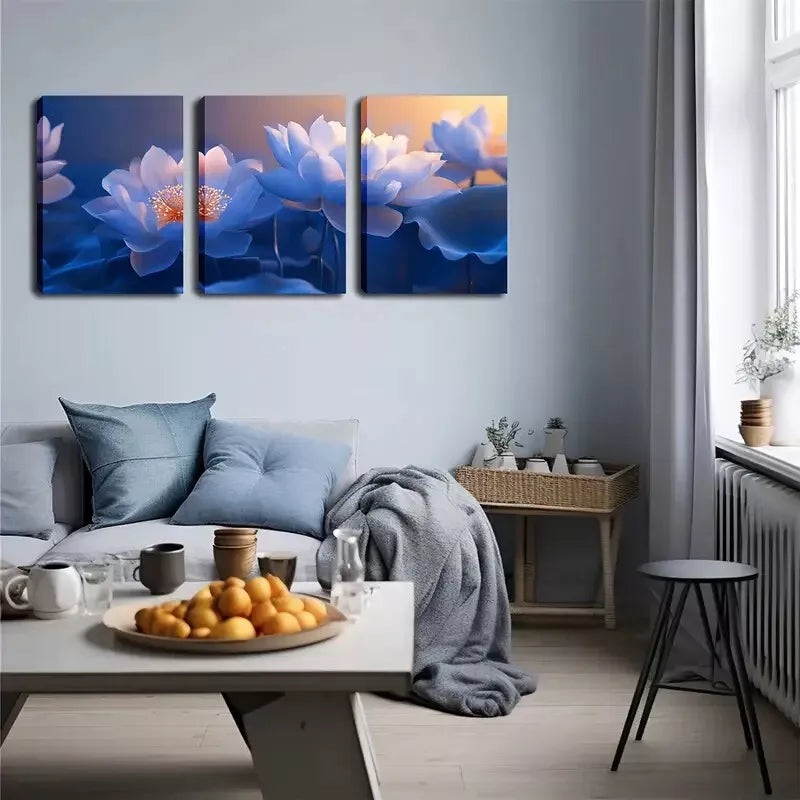 3pcs Blue And White Flowers Decorations Wall Art Set Canvas Framed 40x60cm - High Quality Print 100% Australian Made Wall Canvas Ready to Hang
