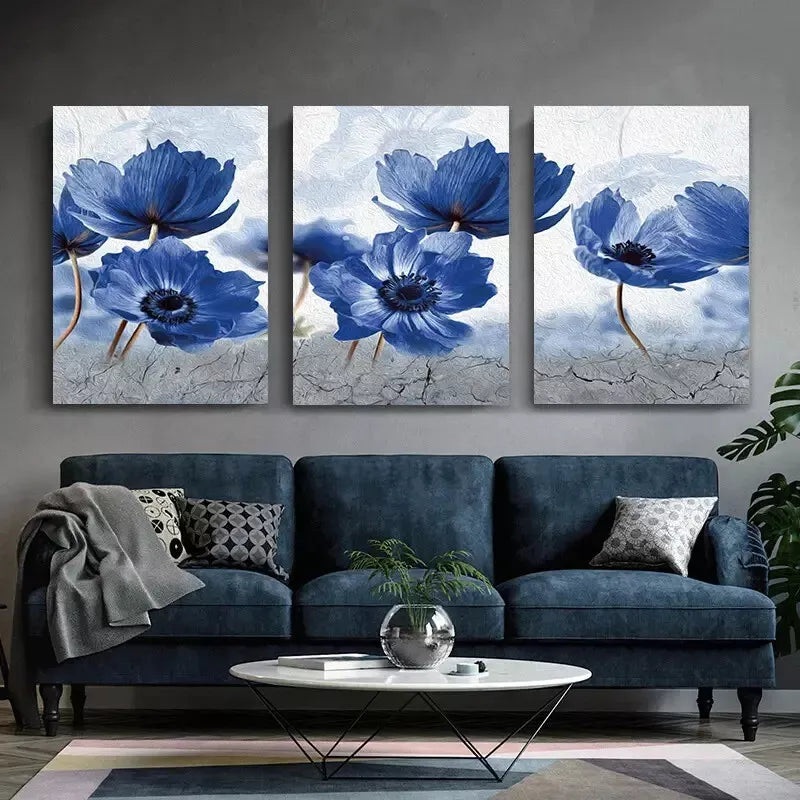 3pcs Blue Flowers Posters Abstract Flower Canvas Framed 40x60cm - High Quality Print 100% Australian Made Wall Canvas Ready to Hang