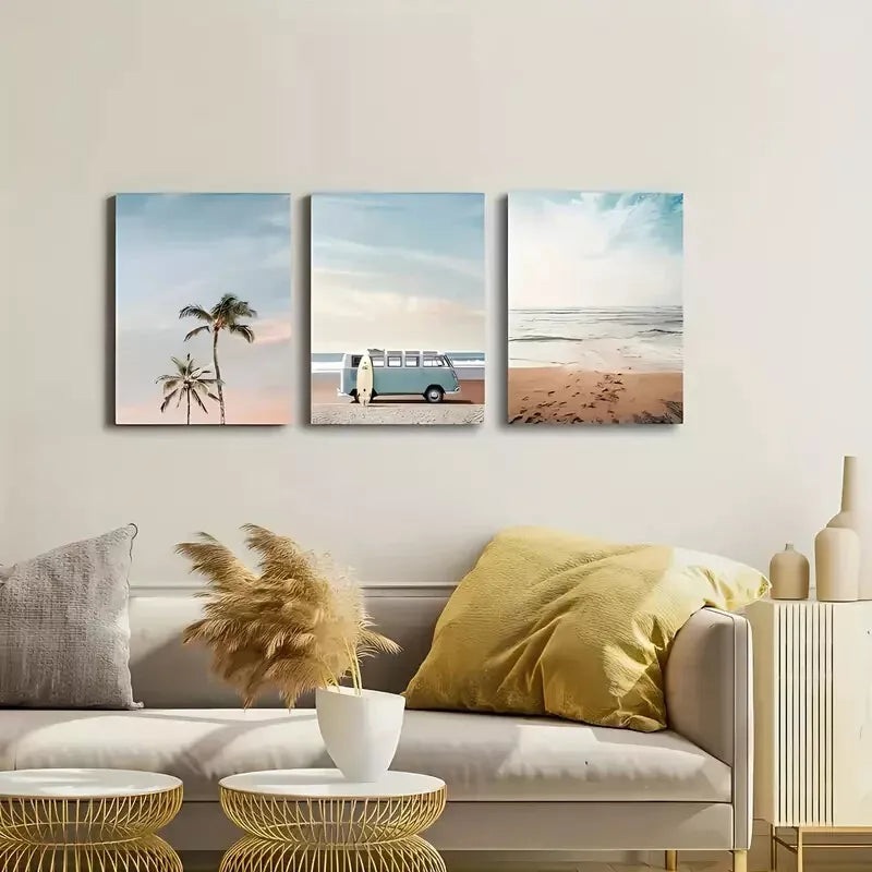 3pcs Bohemian Chic Summer Sea, Van and Beach  Wall Art Set Canvas Framed 40x60cm - High Quality Print 100% Australian Made Wall Canvas Ready to Hang