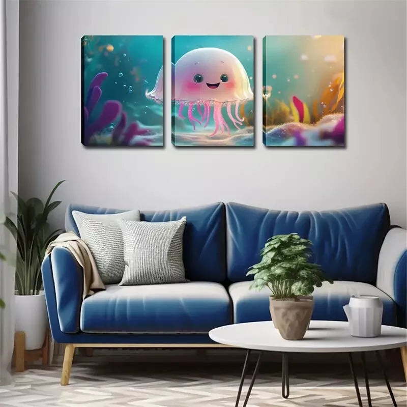 3pcs Charming Cartoon Jellyfish Wall Art Set Canvas Framed 40x60cm - High Quality Print 100% Australian Made Wall Canvas Ready to Hang