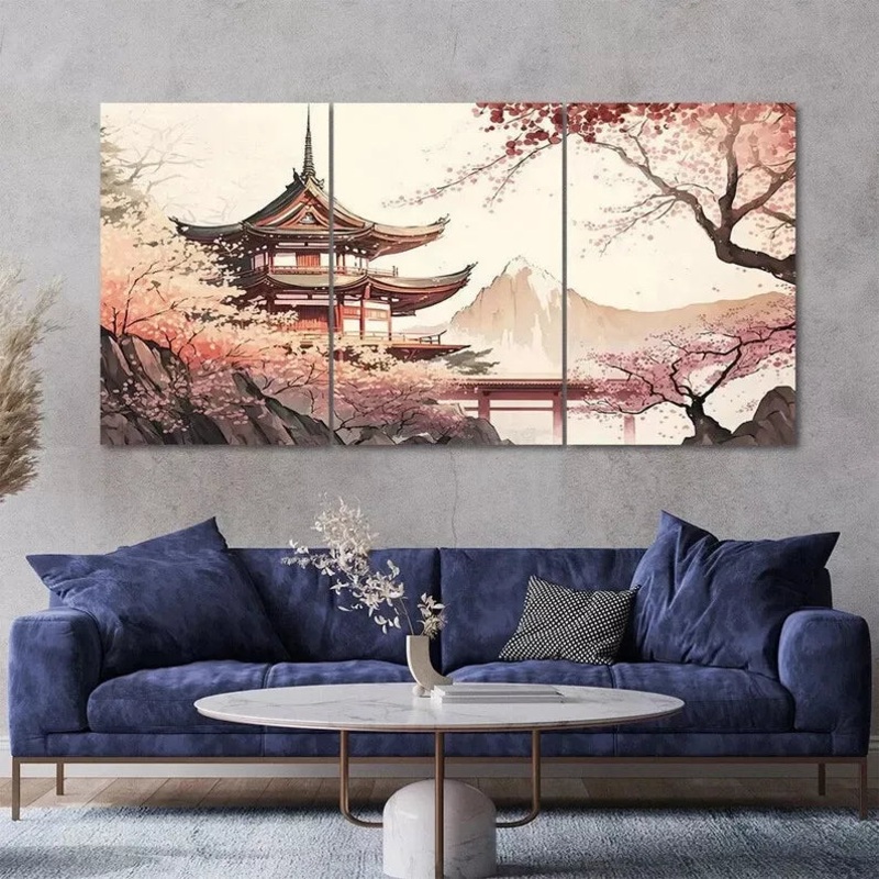 3pcs Chinese Temple Scenery Painting Style Canvas Framed 40x60cm - High Quality Print 100% Australian Made Wall Canvas Ready to Hang
